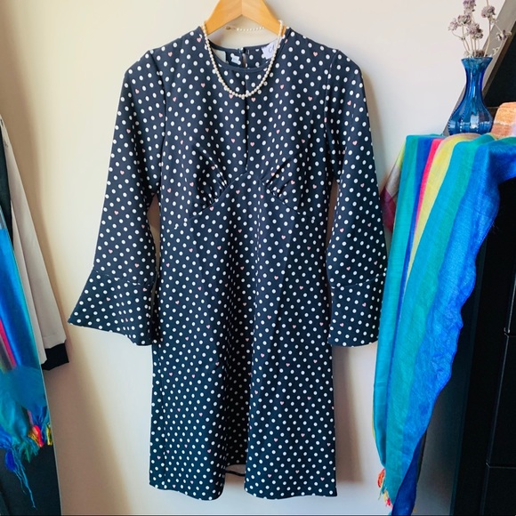 Mad Men Style Polka Dot Fluted Sleeve Navy Dress - Picture 2 of 10